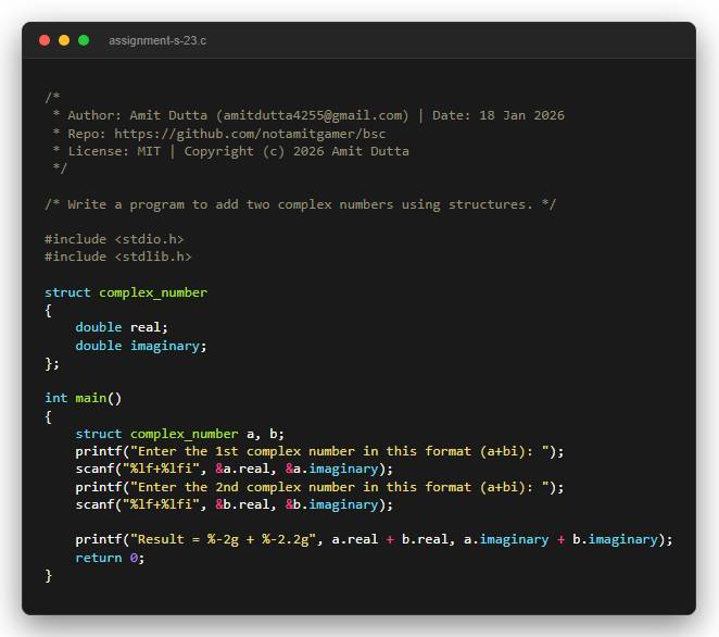 Write a program to add two complex numbers using structures.